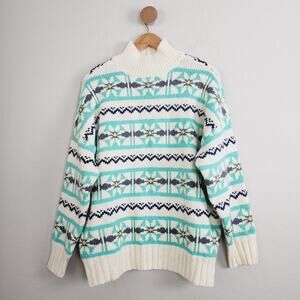 NWT AE Oversized Fair Isle Mock Neck Sweater | Cream Blue Green Cozy Cabin Knit